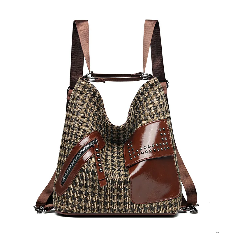 Twyce-USA Houndstooth Backpack Women Fashion Rivet Design Leopard Shoulder Bags