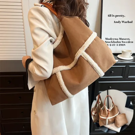 2pcs Women Plush Totes Casual Large-capacity Suede Handbag Winter Bags