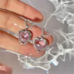 New Light Luxury Premium Feeling Pink Crystal Heart Earrings For Women Girls Niche Design Earrings Birthday Jewellery Gift