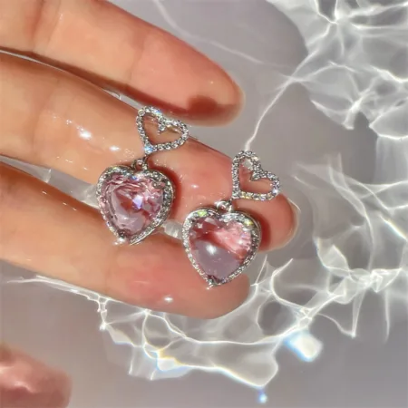 New Light Luxury Premium Feeling Pink Crystal Heart Earrings For Women Girls Niche Design Earrings Birthday Jewellery Gift